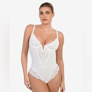POPILUSH White Lace Inset Shapewear Thong Bodysuit V-Neck Adj Strap XXL